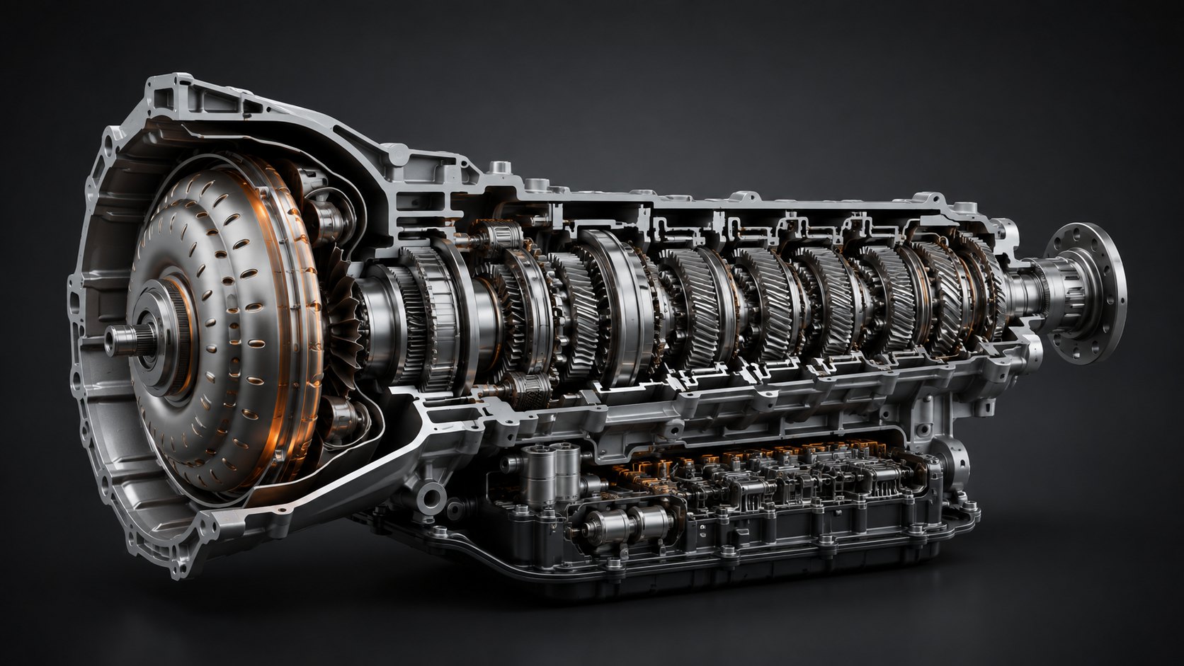 Разрез автоматической коробки ZF 8HP45 с гидротрансформатором и планетарными рядами