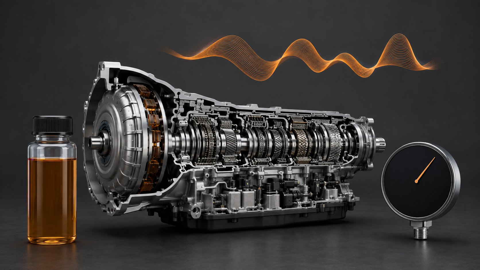 Диагностика ZF 8HP45 с образцом масла, манометром и осциллограммой